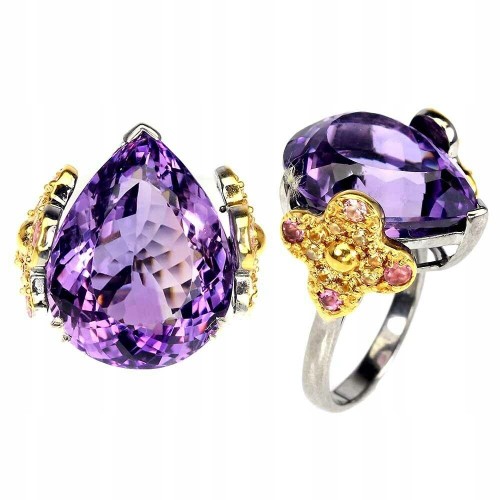 Amethyst ring 20x15mm, silver, sapphires, size 15