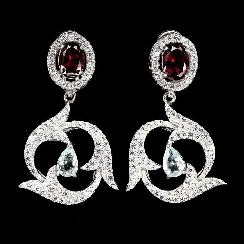 925 silver earrings natural aquamarine garnets