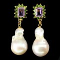 Natural amethyst diopside pearl silver earrings