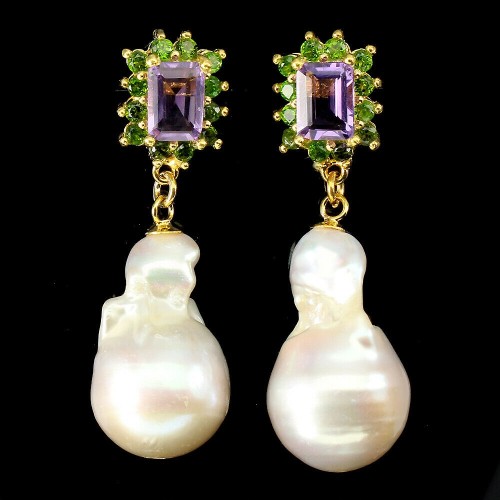 Natural amethyst diopside pearl silver earrings