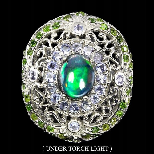 Tanzanite ring, black opal diopsides, size 14.5