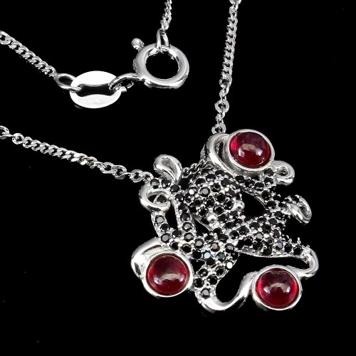 Silver necklace, black spinels ruby octopus