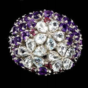 Pierścionek srebrny akwamaryny 925 ametysty r 16