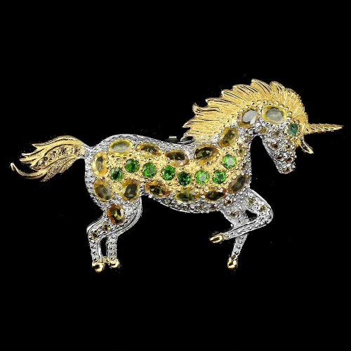 Broszka srebro jednorożec 925 diopsydy szafiry