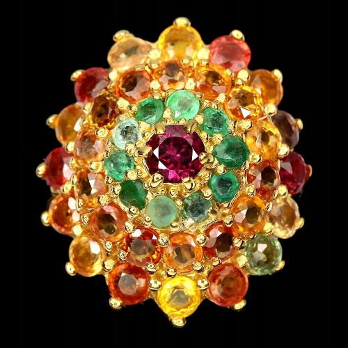 Pierścionek srebrny szafiry szmaragdy granat r 15