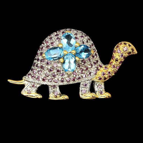 Srebrna broszka żółw szafiry swiss blue topazy 925