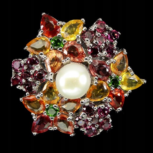 Ring garnet pearl silver sapphires 925 size 15.5