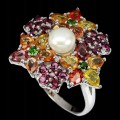 Ring garnet pearl silver sapphires 925 size 15.5