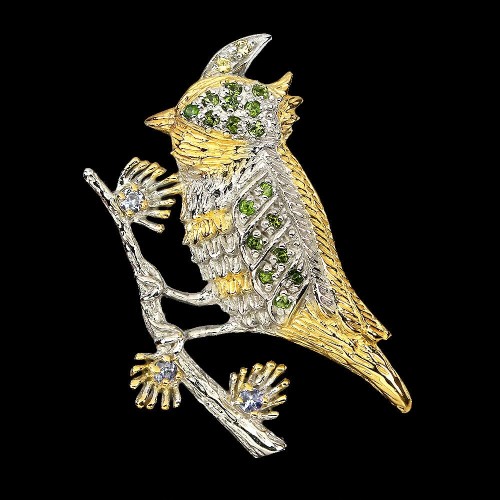 Silver brooch 925 natural diopsides sapphires bird