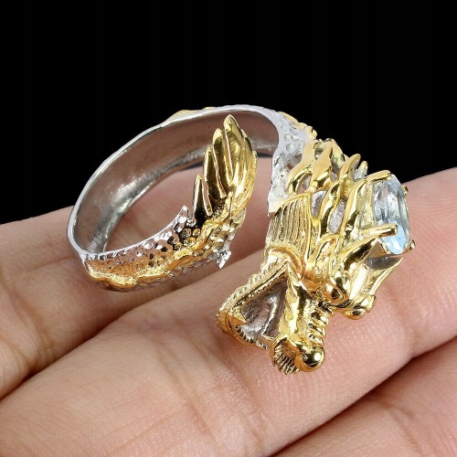 Ring, silver 925, aquamarine dragon, size 16