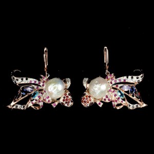 Srebrne kolczyki naturalne perły granaty 925 1 ryby