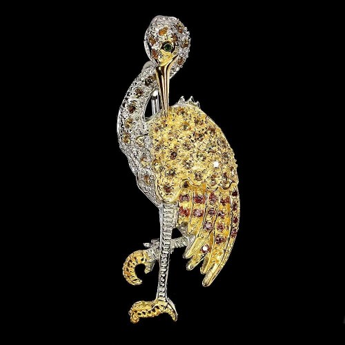 Silver brooch 925 natural diopsid sapphires bird