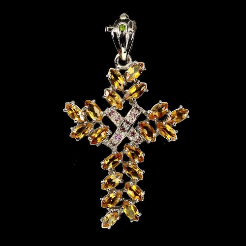 Wisiorek krzyż naturalne cytryny granaty 925