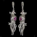 Silver earrings 925 rubies marcasites birds 1