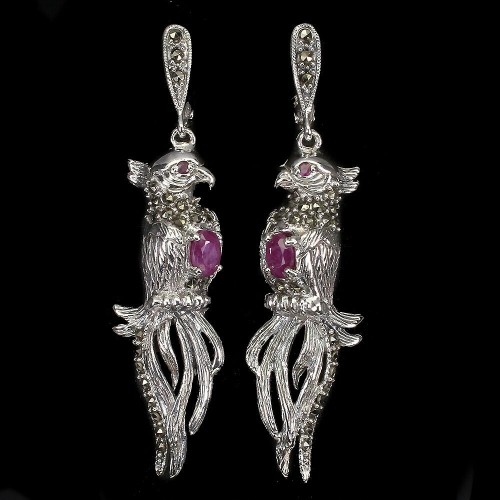 Silver earrings 925 rubies marcasites birds 1