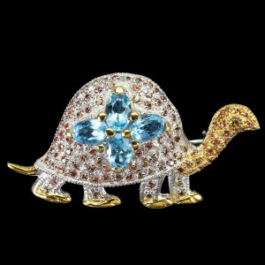 Srebrna broszka żółw szafiry swiss blue topazy925