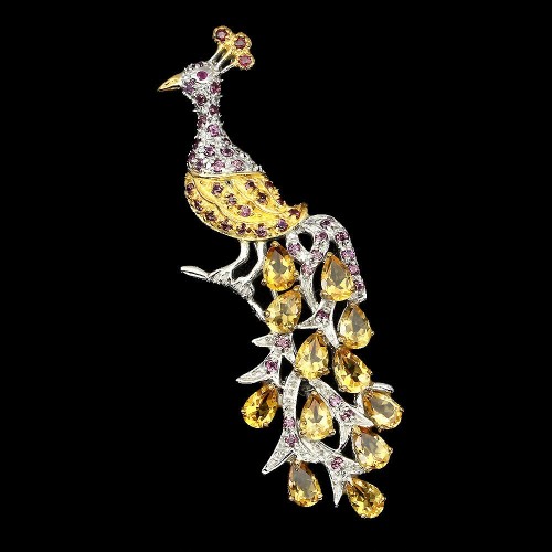 Broszka paw cytryny granaty rubiny srebrna 925