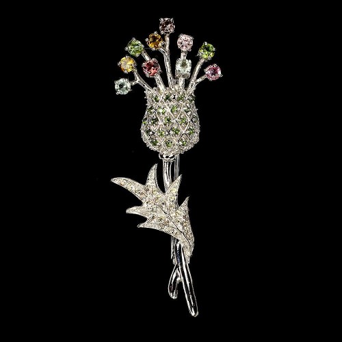 Silver diopsid sapphires tourmaline flower brooch