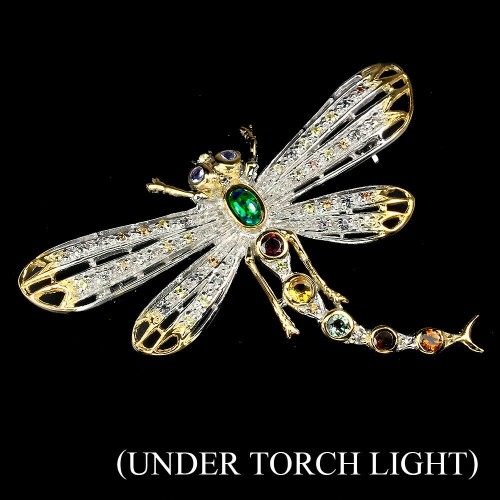 Black opal silver brooch natural, dragonfly sapphires
