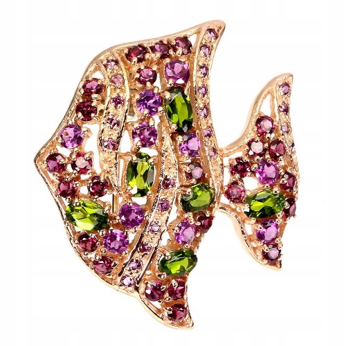 Silver brooch diopsid garnet rhodolite fish
