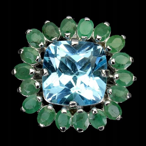 Ring, emeralds, silver ,topaz, natural size 14.5