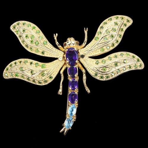 Natural amethyst dragonfly  diopside amethyst silver brooch