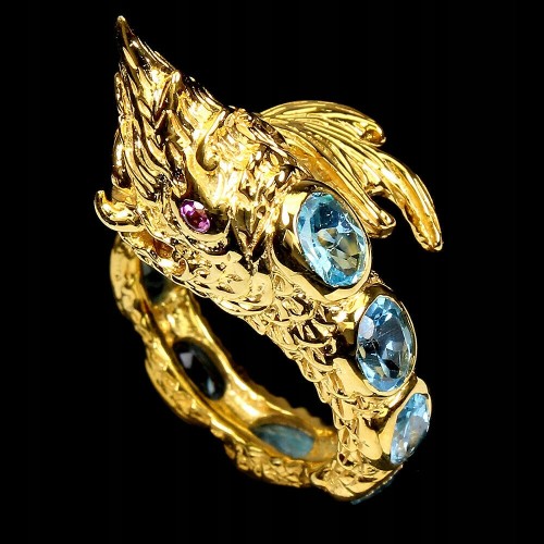 Pierścionek topazy granaty srebro smok tajski r 15