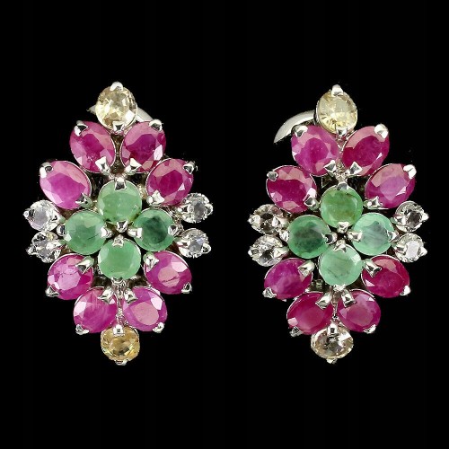 Silver earrings natural emeralds zircons rubies 1