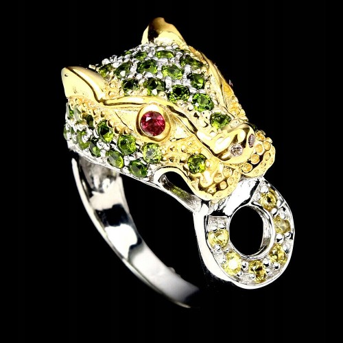Silver ring tiger diopside, garnet, size 17