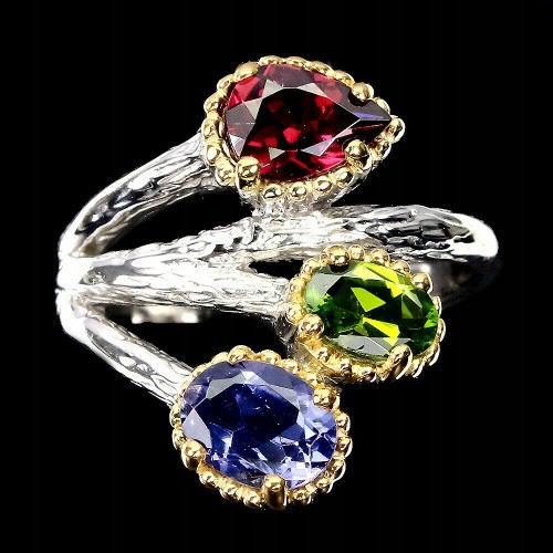 Srebrny pierścionek iolit diopsyd granat r 15.5