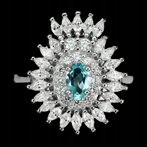 Silver ring, natural apatite cubic zirconia, size 17
