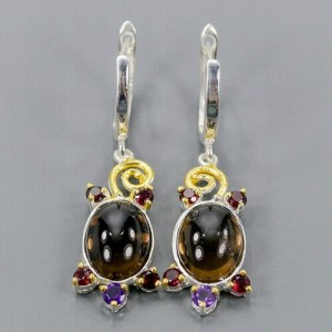 Silver Natural Smoky Quartz  Amethyst Earrings 1