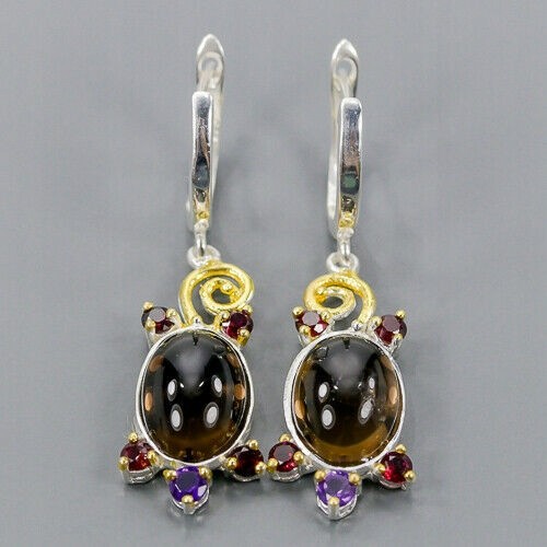 Silver Natural Smoky Quartz  Amethyst Earrings 1