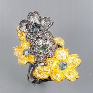 Pierścionek naturalne szafiry niebieskie kwiaty 13