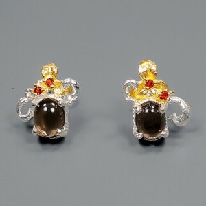 Piękne kolczyki naturalny kwarc dymny granaty 1