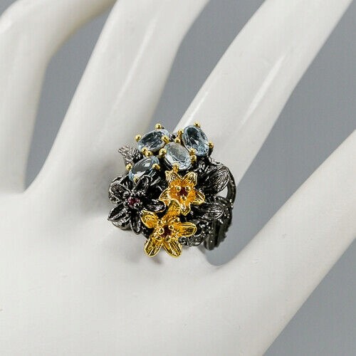 Pierścionek naturalne topazy granaty kwiaty r 15.5