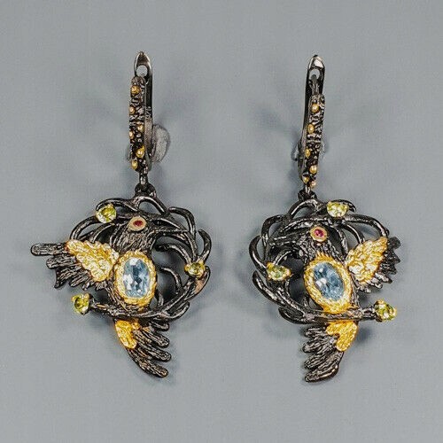 Natural silver peridot  sapphires birds earrings 1