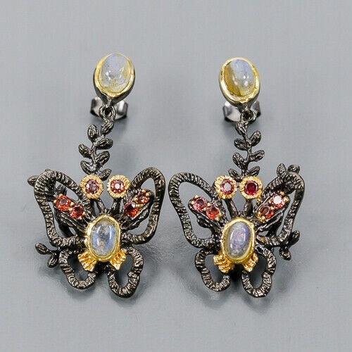 Piękne kolczyki natural labradoryty granaty motyl1