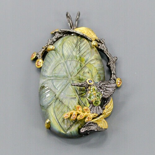  Silver labradorite pendant with sapphires and peridot