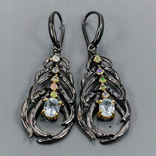 Silver earrings, natural fire opals, topaz 2