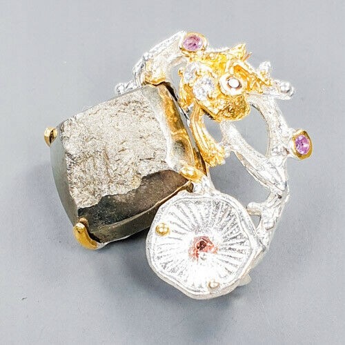 Artistic brooch frog pyrite amethyst sapphire 925