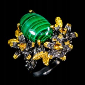 Artystyczny pierścionek malachit r 16 turmaliny