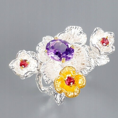 Artystyczny pierścionek ametyst granaty kwiat r 13