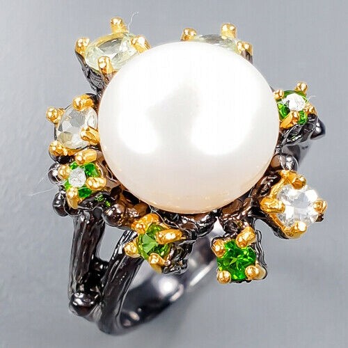 Artystyczny pierścionek perła diopsydy topazy r 18