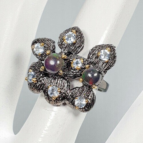 Artistic ring, black opals topaz size 12