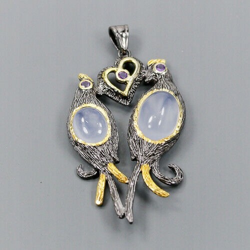 Artistic pendant chalcedony amethyst birds 925