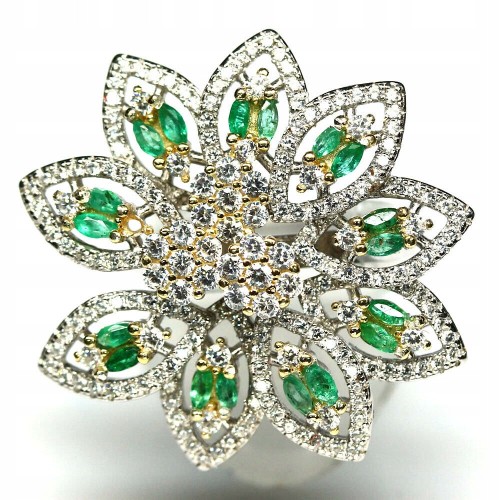 Ring  natural emeralds size 15  cubic zirconia flower