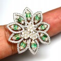 Ring  natural emeralds size 15  cubic zirconia flower