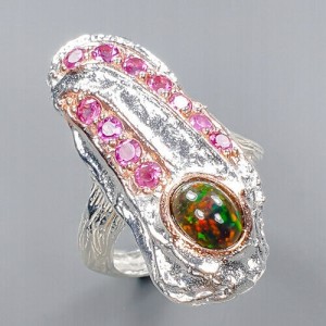 Artystyczny pierścionek opal czarny r 16 granaty