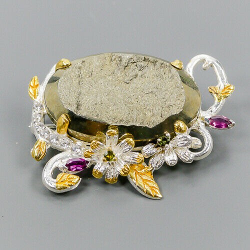 Broszka artystyczna piryt turmaliny granaty kwiaty